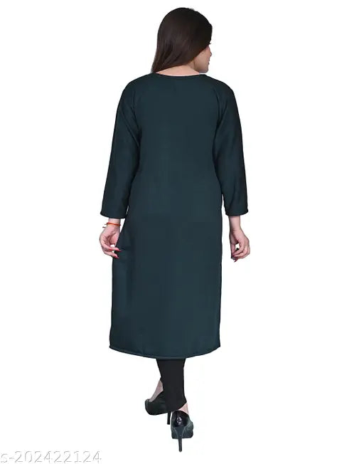 Woolen women's long embroidered a-line kurti