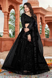 Black net embroidered Lehenga Choli Set with blouse and dupatta, featuring intricate work on net fabric. Perfect for traditional celebrations like weddings. #blacklehenga #embellishedlehenga #indiantraditionalwear