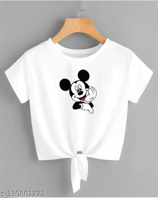 White Lycra crop top with Mickey Mouse printed design, short sleeves for women's fashion