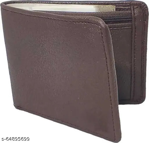 Brown faux leather casual wallet, 3 compartments, 3 card slots, 2 slip pockets, 1 zip coin pocket by SONRISA, Free Size (L:10cm, W:2cm), Made in India