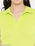 Lime punch ribbed solid tank top, women's polyester half sleeve with polo neck, made in India