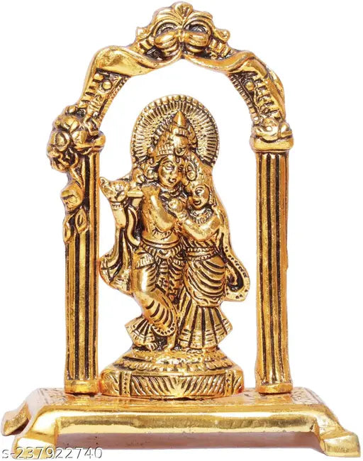Metal Radha Krishna idol playing flute, 18 cm gold-plated showpiece - Indian ethnic decor