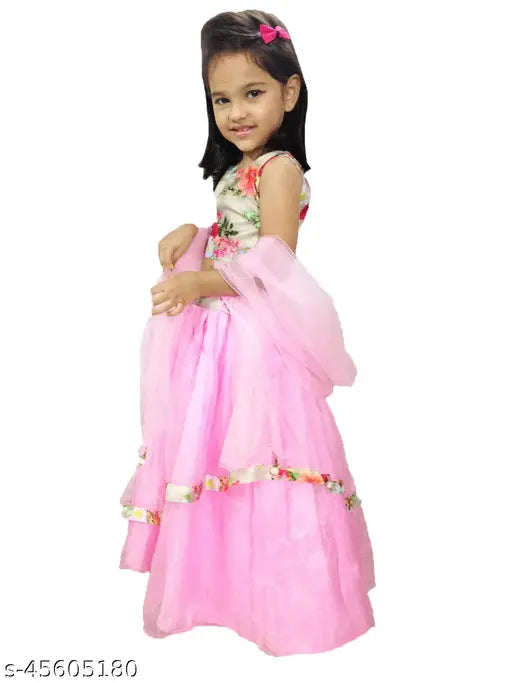 Digital flower pink silk blend lehenga with organza dupatta and sleeveless top, for 3-4 year old girls