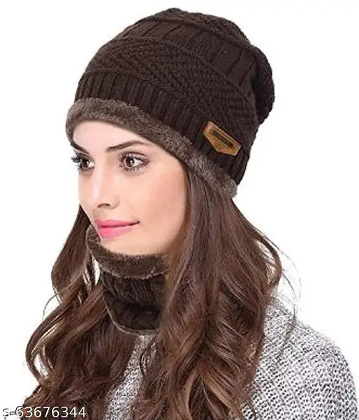 Brown knitted beanie cap