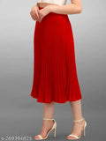 A woman wearing a midi skirt with pleats and slits, red, in a western style
