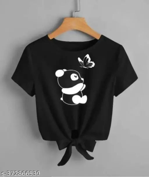 Black crop top t-shirt for women panda butterfly print lycra short sleeves India