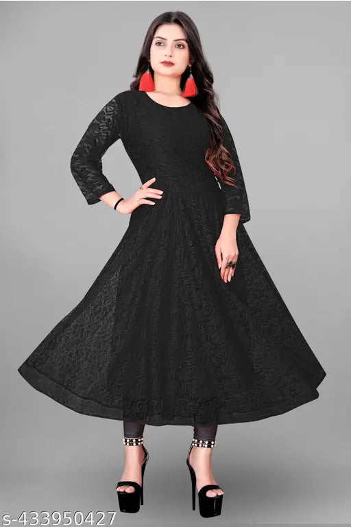 New fancy women's net floral dress, three-quarter sleeves, solid color. Indian designer gown with thread latken in black, suitable for western wear, parties, engagements, weddings
