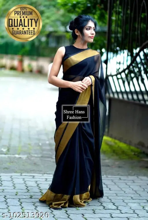 Black chiffon viscose saree with separate blouse, special edition by Shree Hans Fashion, Indian-made quality fabric