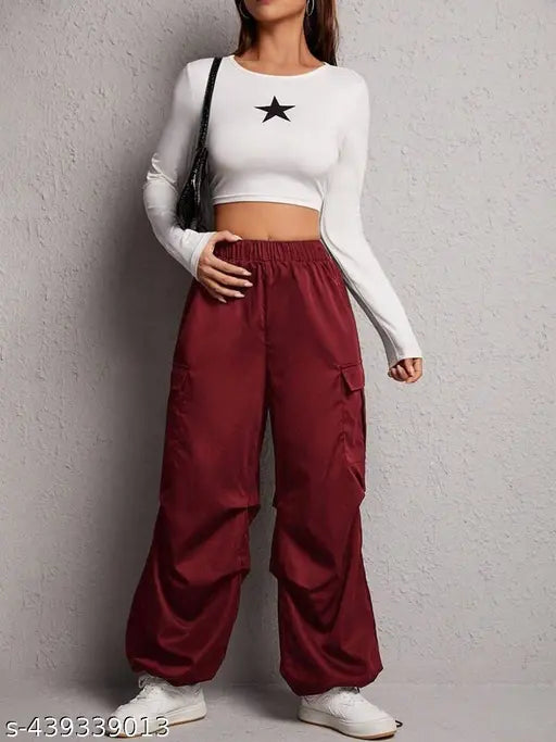 Comfy, stylish, women's pants. Long red trousers with elastic waist