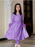 Purple Rayon/Cotton Blend Kurta Set with Dupatta and Bottomwear, printed design for girls aged 7-8 or 11-12 years, Jaipuri origin, India