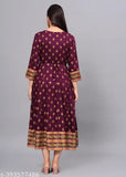 Wine printed anarkali kurta, long sleeves, round neckline
