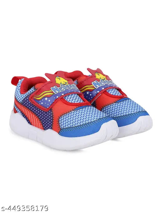 Red and blue kids' casual shoes with superhero design, comfortable velcro straps, and durable rubber soles