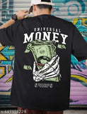 Black cotton blend oversized round neck t-shirt with printed money graphic - men's fashion accessory on display, India origin
