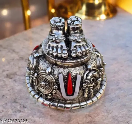 Metal Venkateswara Shanku Chakra decor, Indian Balaji Charan for Pooja room & car dashboards, 6cm x 6.5cm x 6cm