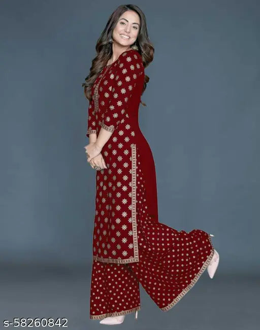 Maroon rayon Heena Khan Kurta and Palazzo set, three-quarter sleeves, AHINSA Fashion Indian ethnic wear