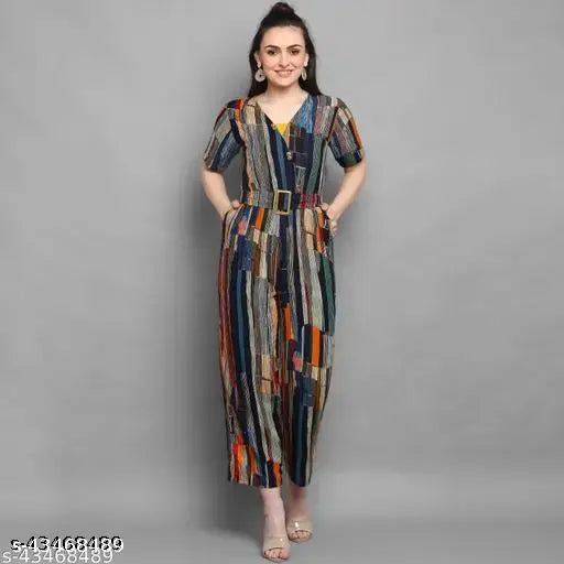 Multicolor rayon foil printed women's jumpsuit, western style with three-quarter sleeves, ideal for any season