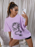 Purple oversized round neck half sleeve t-shirt with Chinese dragon print
