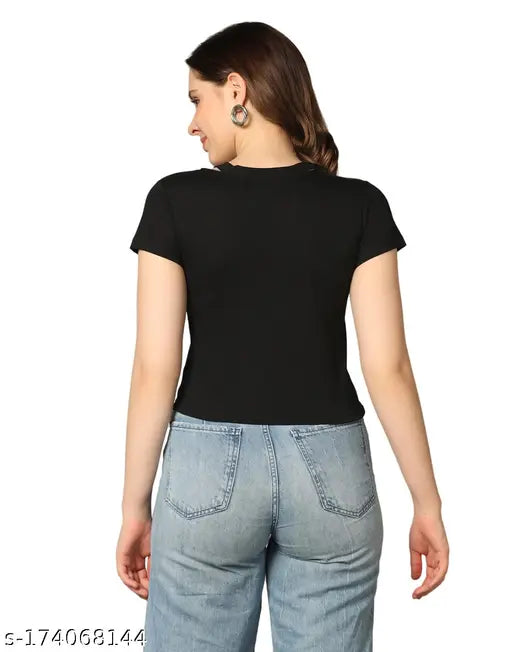 Cotton blend V-Neck top, short sleeves, printed net - vibrant and breathable women's crop top