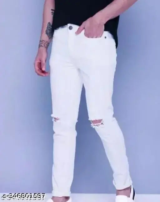 Men's cotton blend knee-slit white jeans, solid style for casual wear