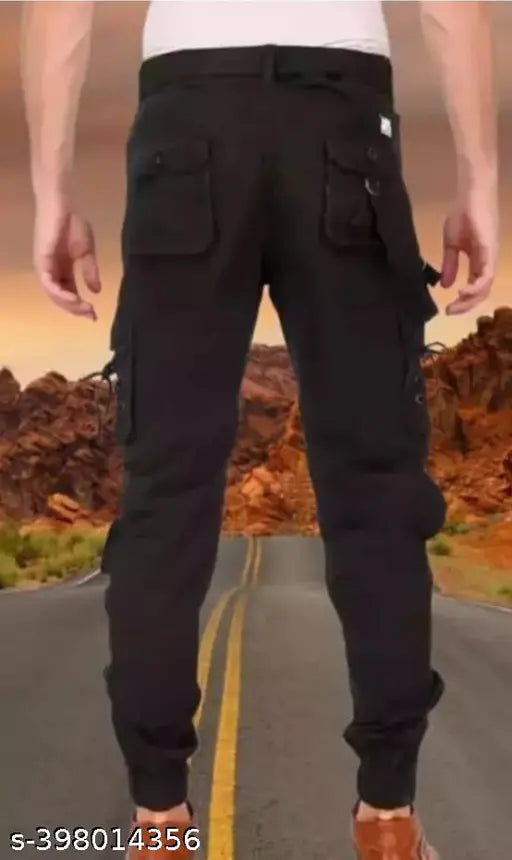 Men's black cotton-blend cargo jeans, solid style for a durable fit. [Size 28: 28x41x32], [Size 30: 30x41x34], [Size 32: 32x41x36], [Size 34: 34x41x38]. Made in India