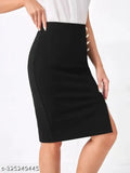 Polyester pencil bodycon skirt for fancy women, solid black, size 32 (waist 32in, length 26in)