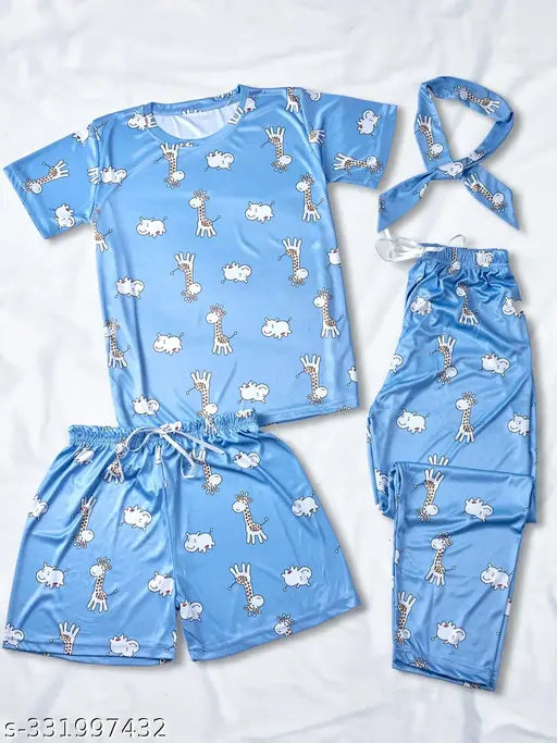 Giraffe print silk night suit set (t-shirt, pajama, shorts), luxurious and comfortable sleepwear with drawstring elastic waistband