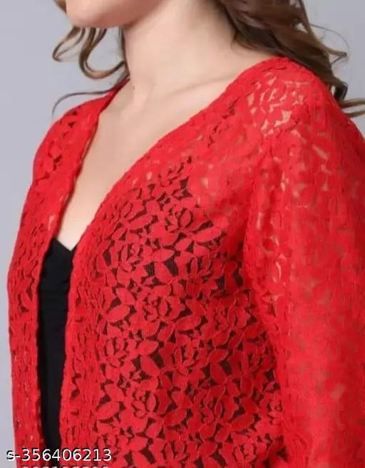 Premium red nylon shrug, self-design net, three-quarter sleeves. Elevate fashion with Indian-made women's accessory