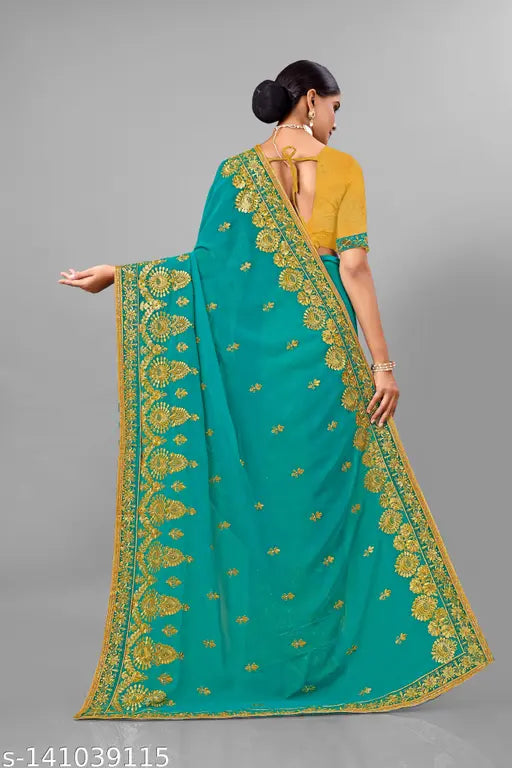 Teal georgette saree with heavy diamond work and elaborate embroidery