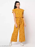 Yellow printed trending jumpsuit, polyester, sleeveless, mustard colored, best-selling Indian culotte jumpsuit on model