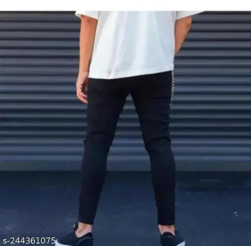 Denim men's knee cut jeans with back print, jogger-style fit for casual and party wear. Features two pockets on the back, D-type front pocket with extra coin pocket, zip and button detailing, and two rippets. Available sizes: 28, 30, 32 (India)