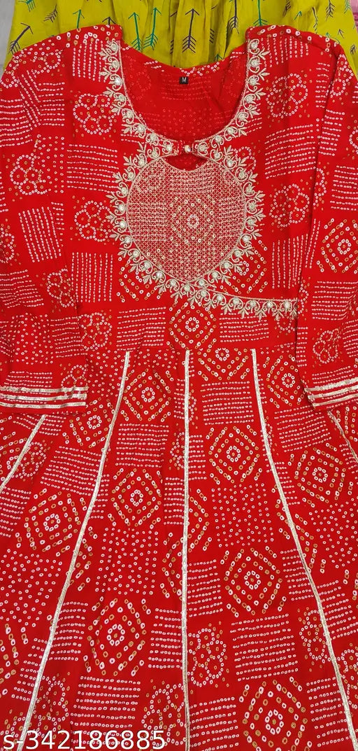 Red, gold, yellow printed chiffon anarkali kurta with lace borders