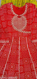 Red, gold, yellow printed chiffon anarkali kurta with lace borders