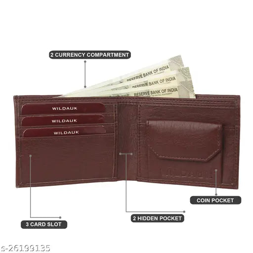 Brown PU artificial leather wallet, 7 card slots, compact size for men's accessories, solid pattern, high quality stitching. Made in India