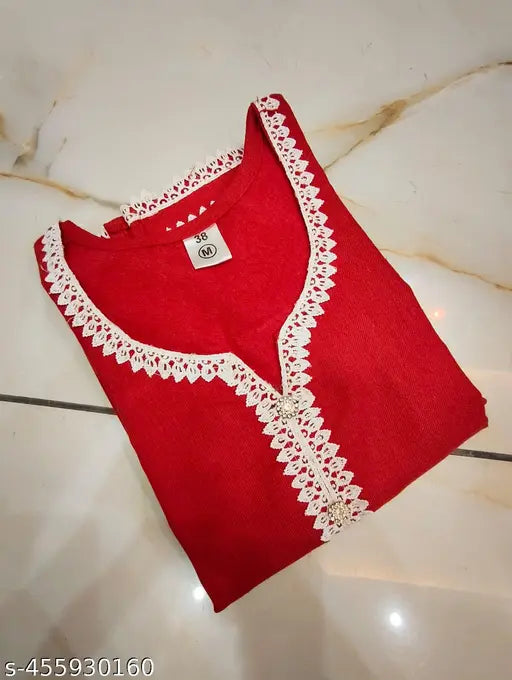 Red woolen kurta with lace detailing