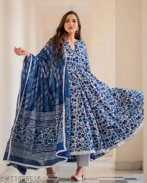 Blue rayon frock with viscose rayon bottomwear, three-quarter sleeves, printed set, stitched net, single item in sizes S-XXL, Indian origin