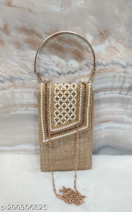 Gold-toned embroidered mobile cover, sling saree pouch with handle chainclip