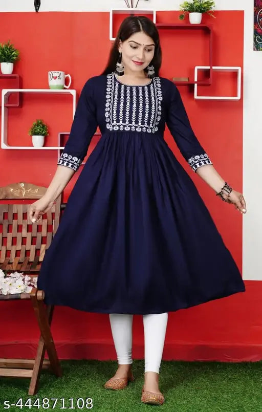 Blue embroidered kameez with flared sleeves and hem, women's formal wear