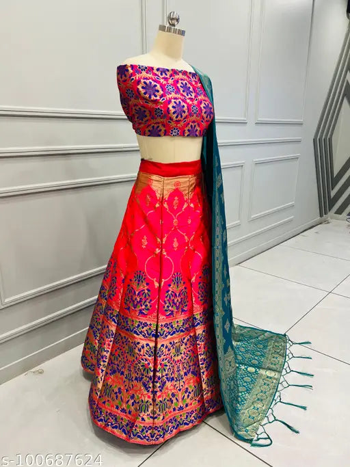 Banarasi art silk lehenga choli and dupatta, jacquard printed, semi-stitched (38in/41in/2.2m), up to 39inch waist, zippered and lined