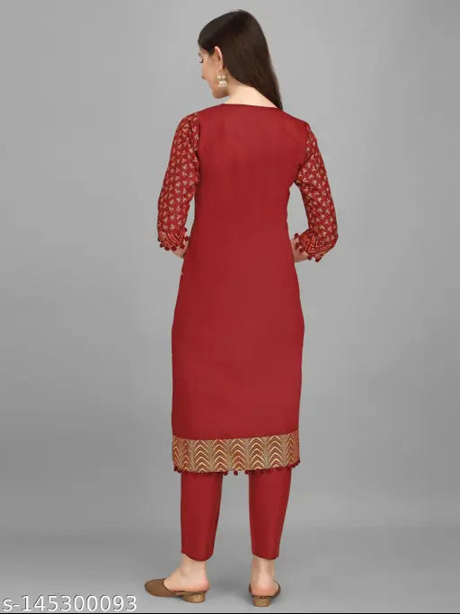 Maroon cotton blend kurta set with palazzos, gold and pigment printed for party wear, festival wear, or traditional events, 3/4 sleeves with lace detailing, made in India