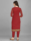 Maroon cotton blend kurta set with palazzos, gold and pigment printed for party wear, festival wear, or traditional events, 3/4 sleeves with lace detailing, made in India