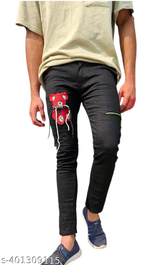 Black denim men's pants with placement print, teddy style (waist 26/28/30, length 39in), made in India