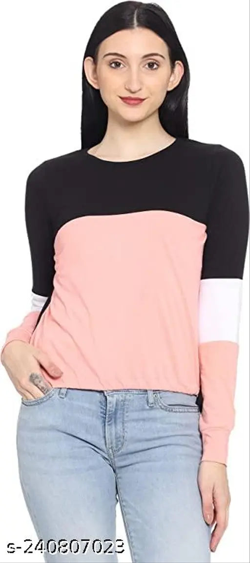 White pure cotton polo neck T-shirt in pink colorblock design, long sleeves, made by Pankaj Enterprises