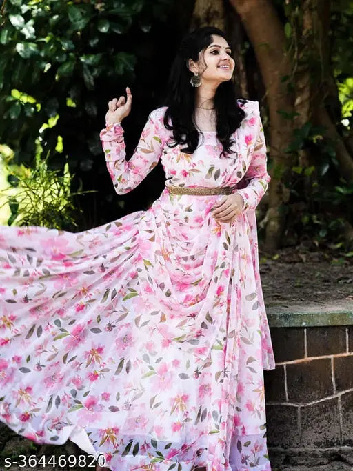 Trendy pink floral georgette anarkali gown with dupatta set for women, long dress, Indian fashion, women's designer wear