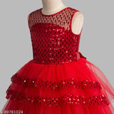 Red high-low net dress for girls party wear, embellished sleeveless design, size 2-3 years, made in India