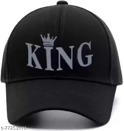 Stylish men's black cotton cap with kingruber print, solid design from India
