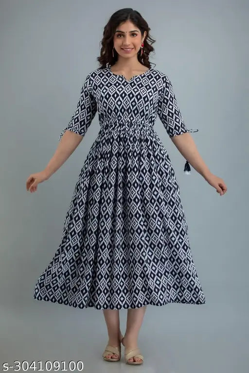 Womens long-sleeve black and white tassel anarkali dress with patterned skirt