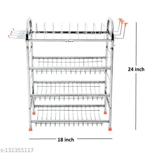 Stainless steel 4-shelf wall mount kitchen utensils rack, dish rack with plate and cutlery stand, modular kitchen storage rack, kitchen organizer, 24 x 18 inch