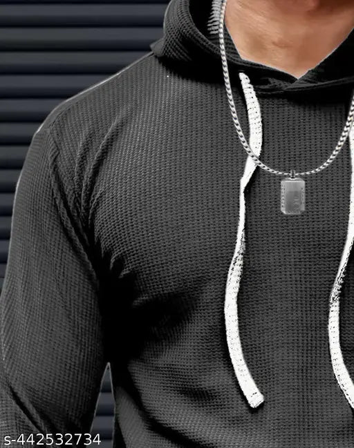 Black polyester long-sleeve Force Solid men's hooded neck t-shirt, solid design on display