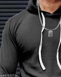 Black polyester long-sleeve Force Solid men's hooded neck t-shirt, solid design on display