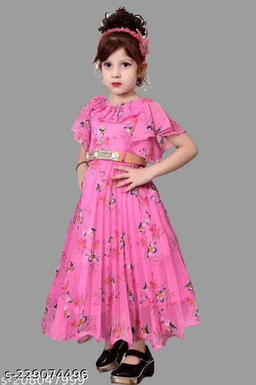 Girls pink cotton blend ethnic gown, short sleeves, printed net, AYUB FASHION, Indian handloom dress for girls aged 4-12 years